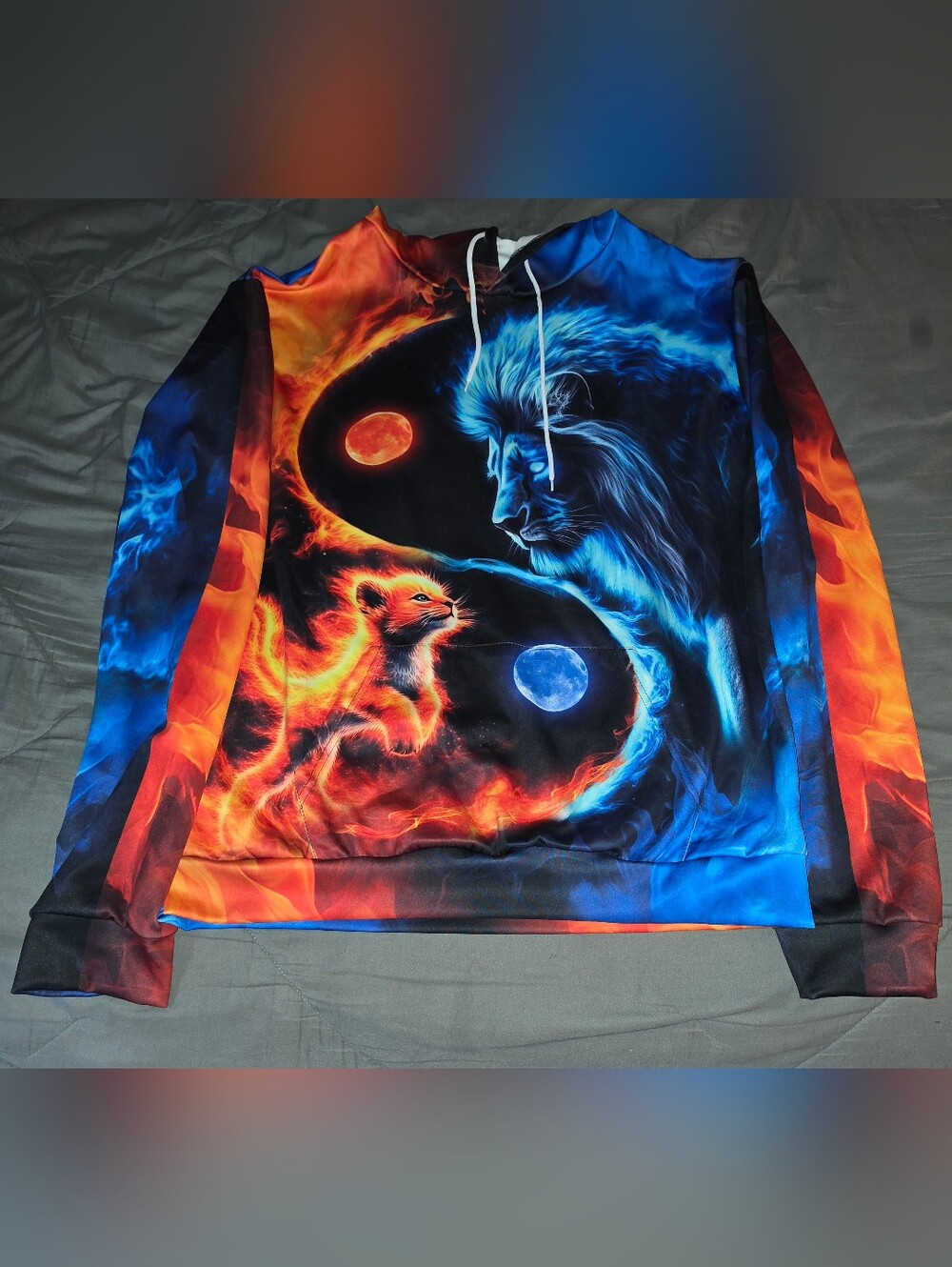 Fire and Ice Yin Yang Lion & Cub Hoodie - Bold Blue & Orange Graphic